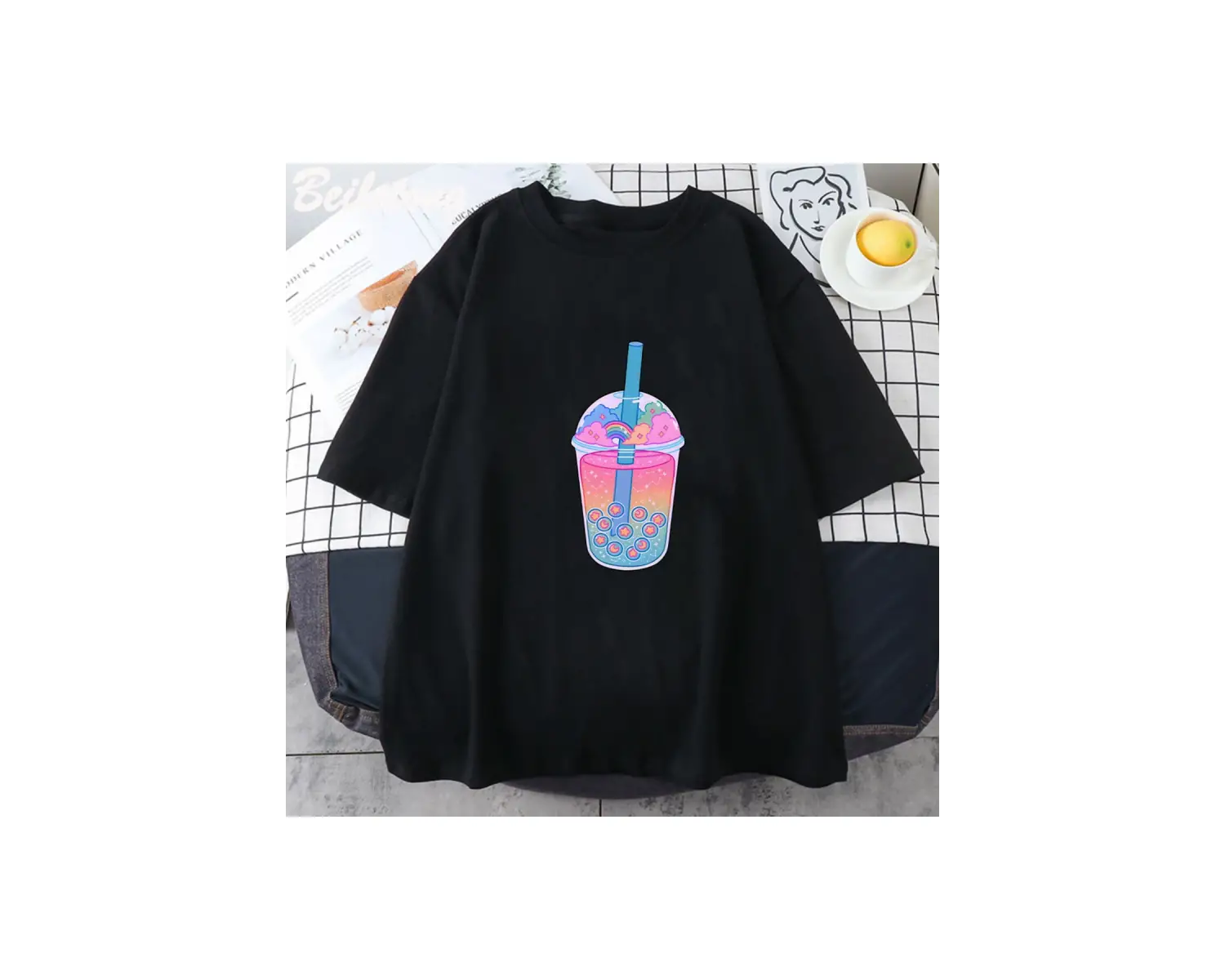 Beyaz Boba çayı baskı Harajuku siyah