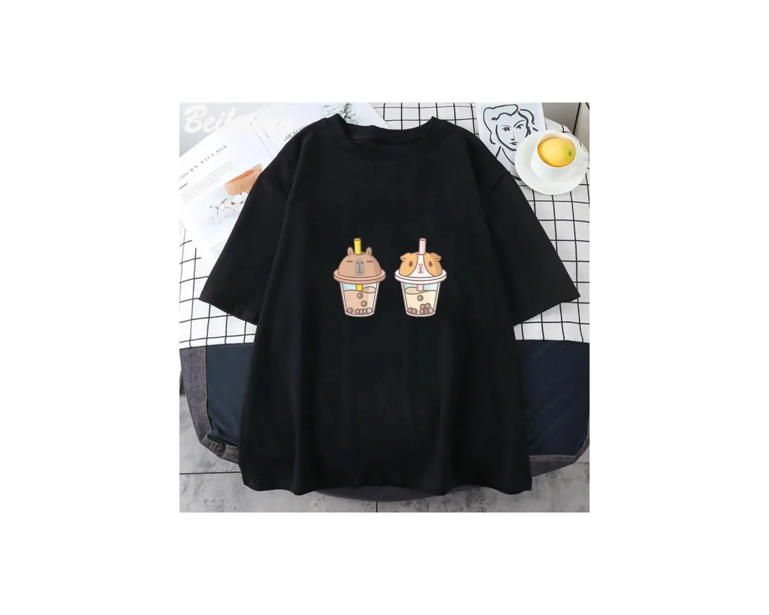 Beyaz Bubu ve Ayın Baskı Kapibara ve Gine Domuzu Boba Çayı Kawaii Estetik Graf