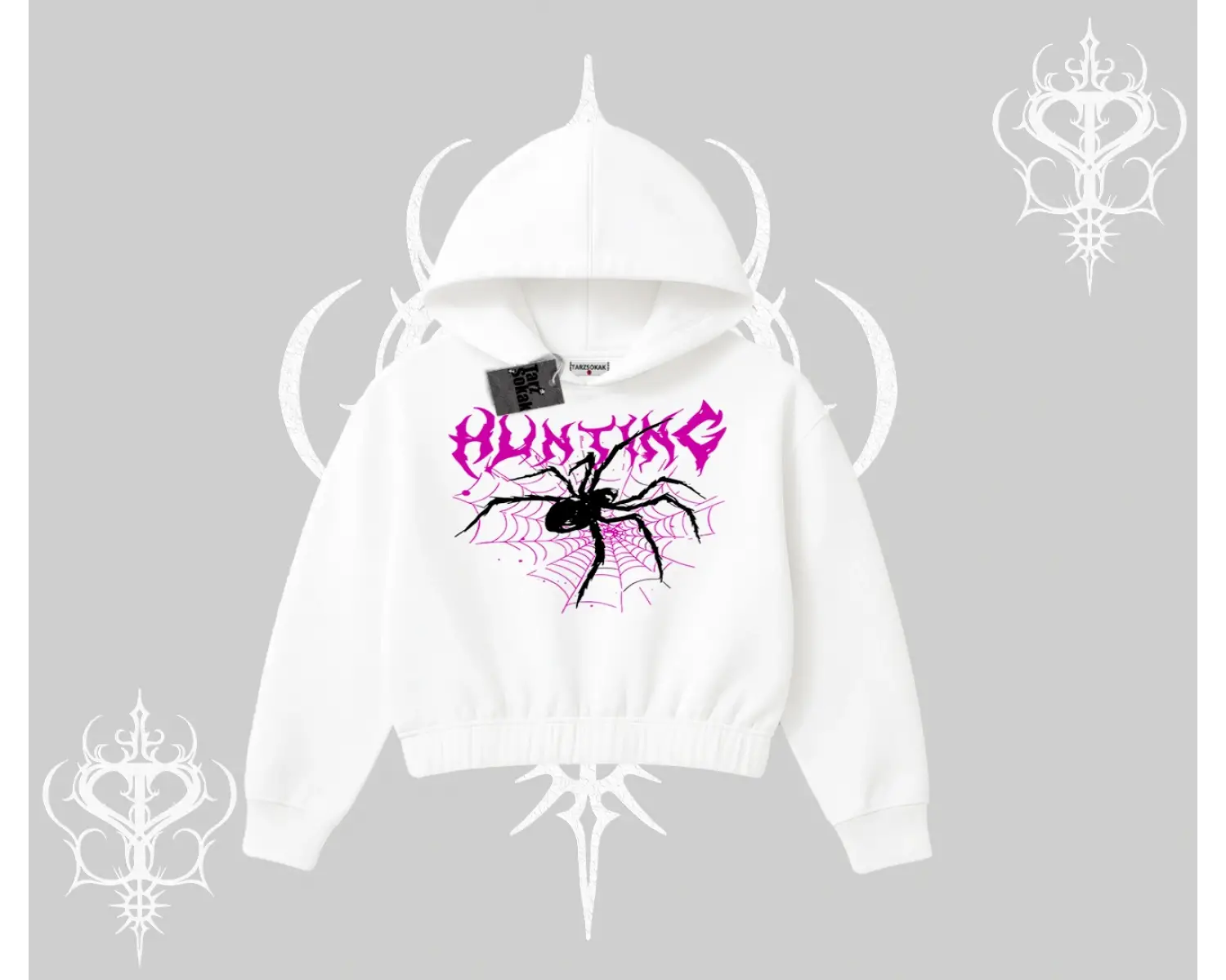 Beyaz Crop Kapşonlu Sweatshirt Autumn Spider