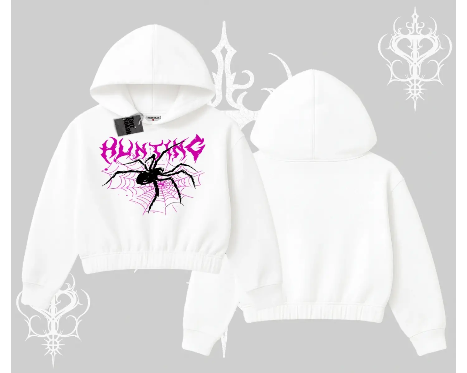 Beyaz Crop Kapşonlu Sweatshirt Autumn Spider