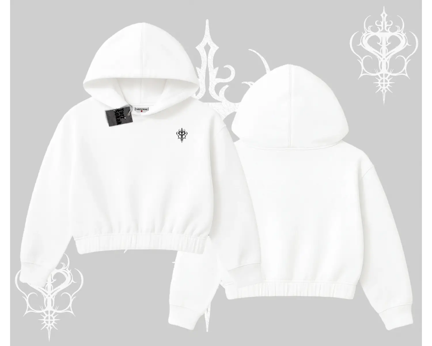 Beyaz Crop Kapşonlu Sweatshirt Özel logolu