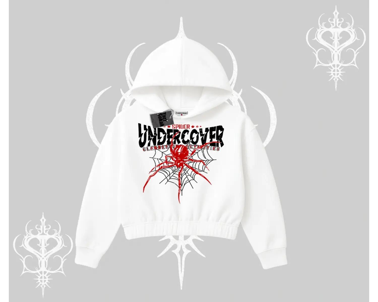 Beyaz Crop Kapşonlu Sweatshirt Spider Undercover