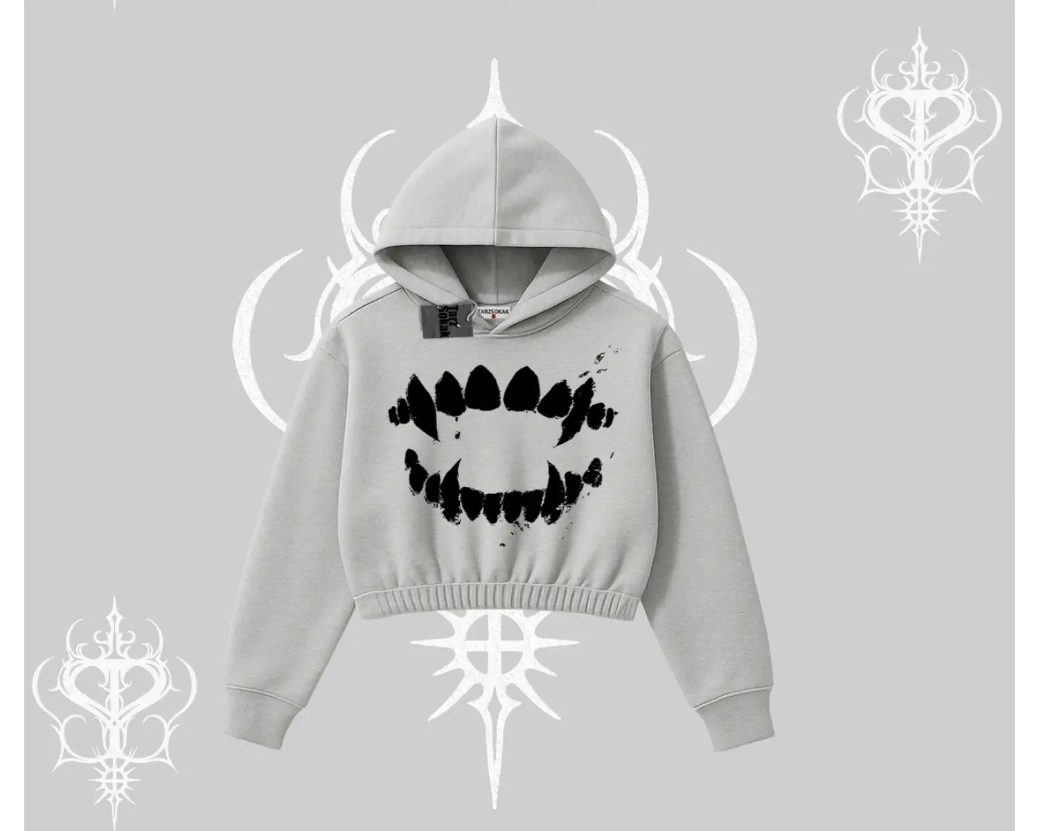 Beyaz Crop Kapşonlu Sweatshirt Vampir Dış