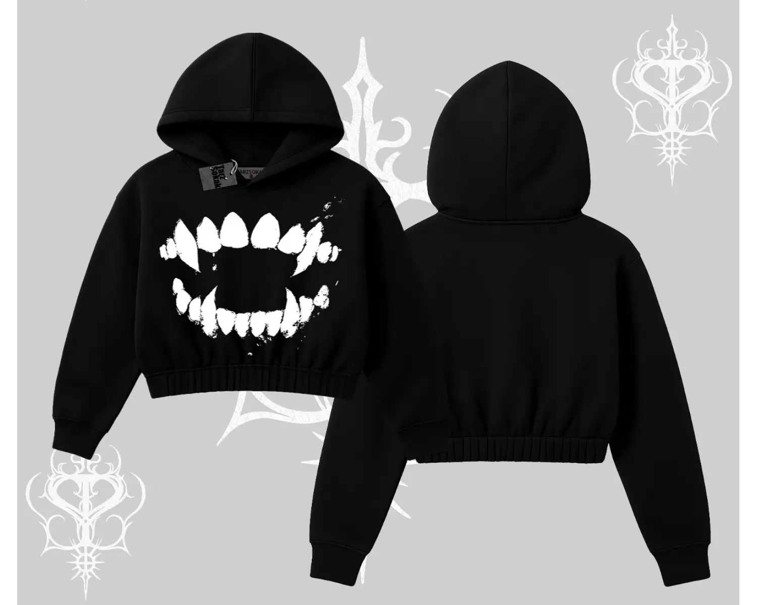 Beyaz Crop Kapşonlu Sweatshirt Vampir Dış