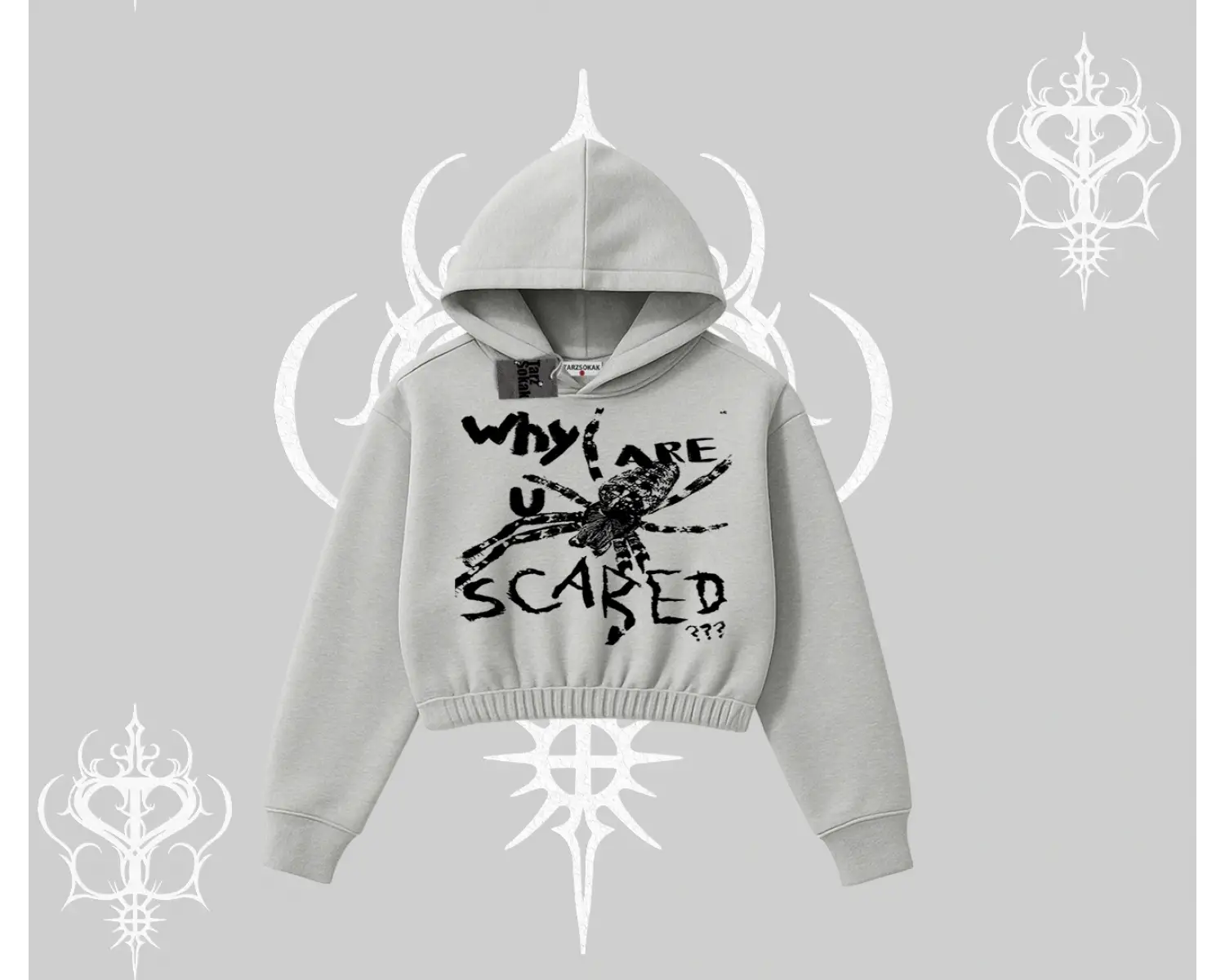 Beyaz Crop Kapşonlu Sweatshirt Why are u Scared