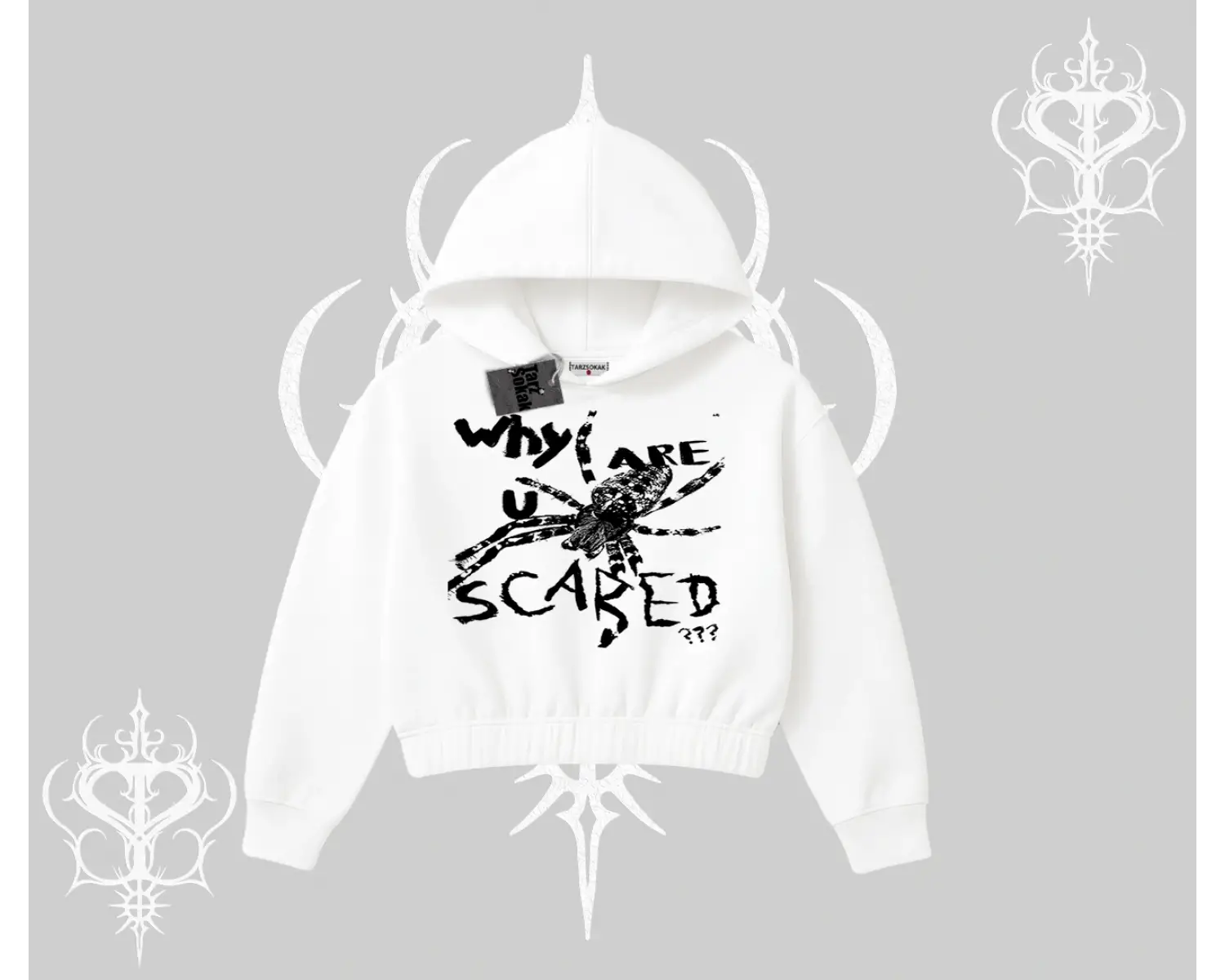 Beyaz Crop Kapşonlu Sweatshirt Why are u Scared