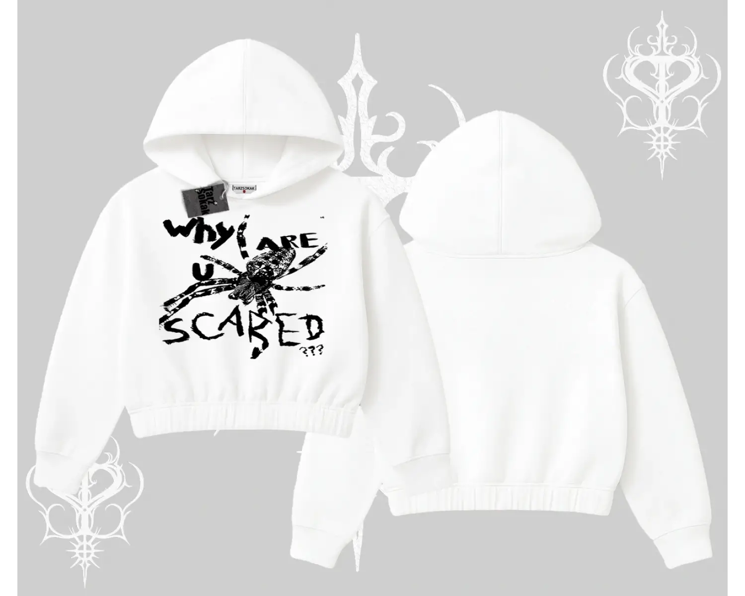 Beyaz Crop Kapşonlu Sweatshirt Why are u Scared