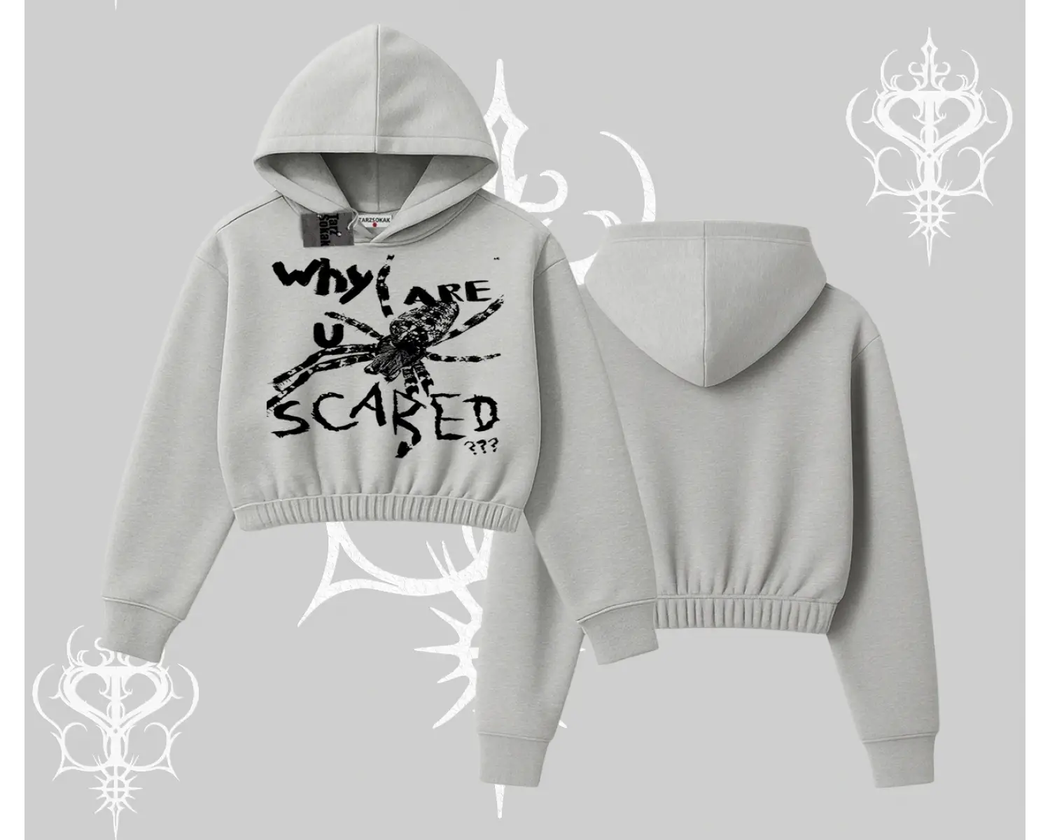 Beyaz Crop Kapşonlu Sweatshirt Why are u Scared