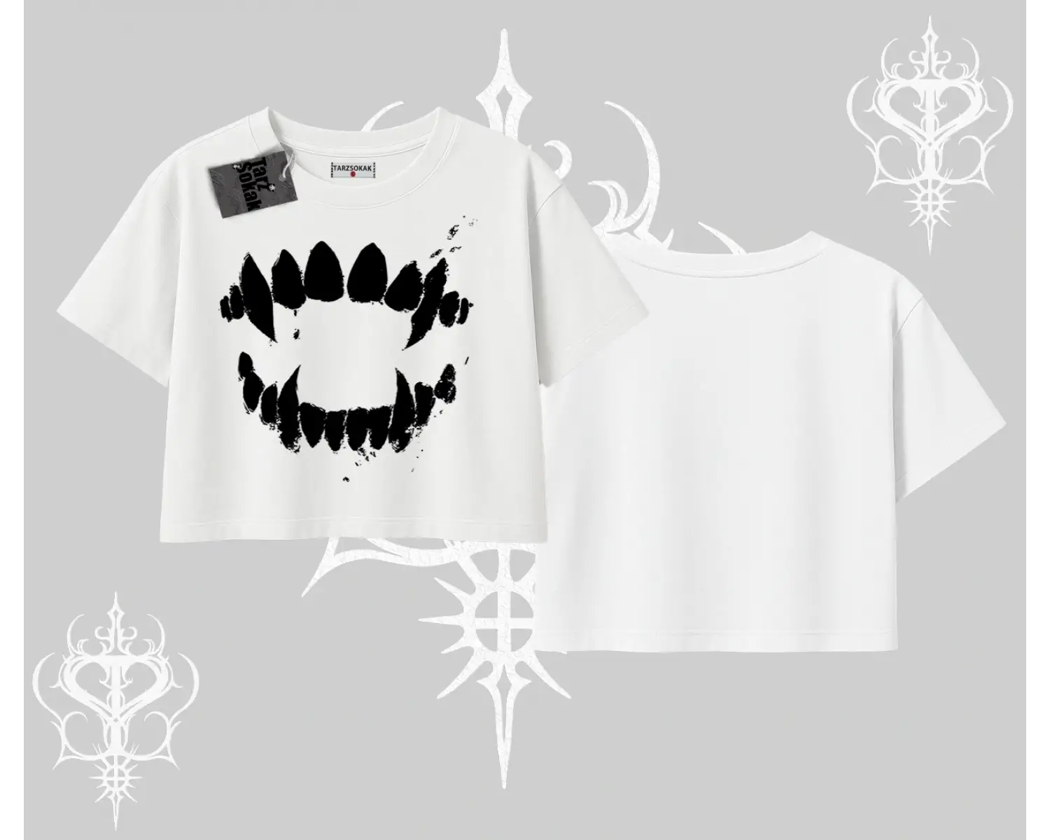 Beyaz Crop Tişört Vampir Dış