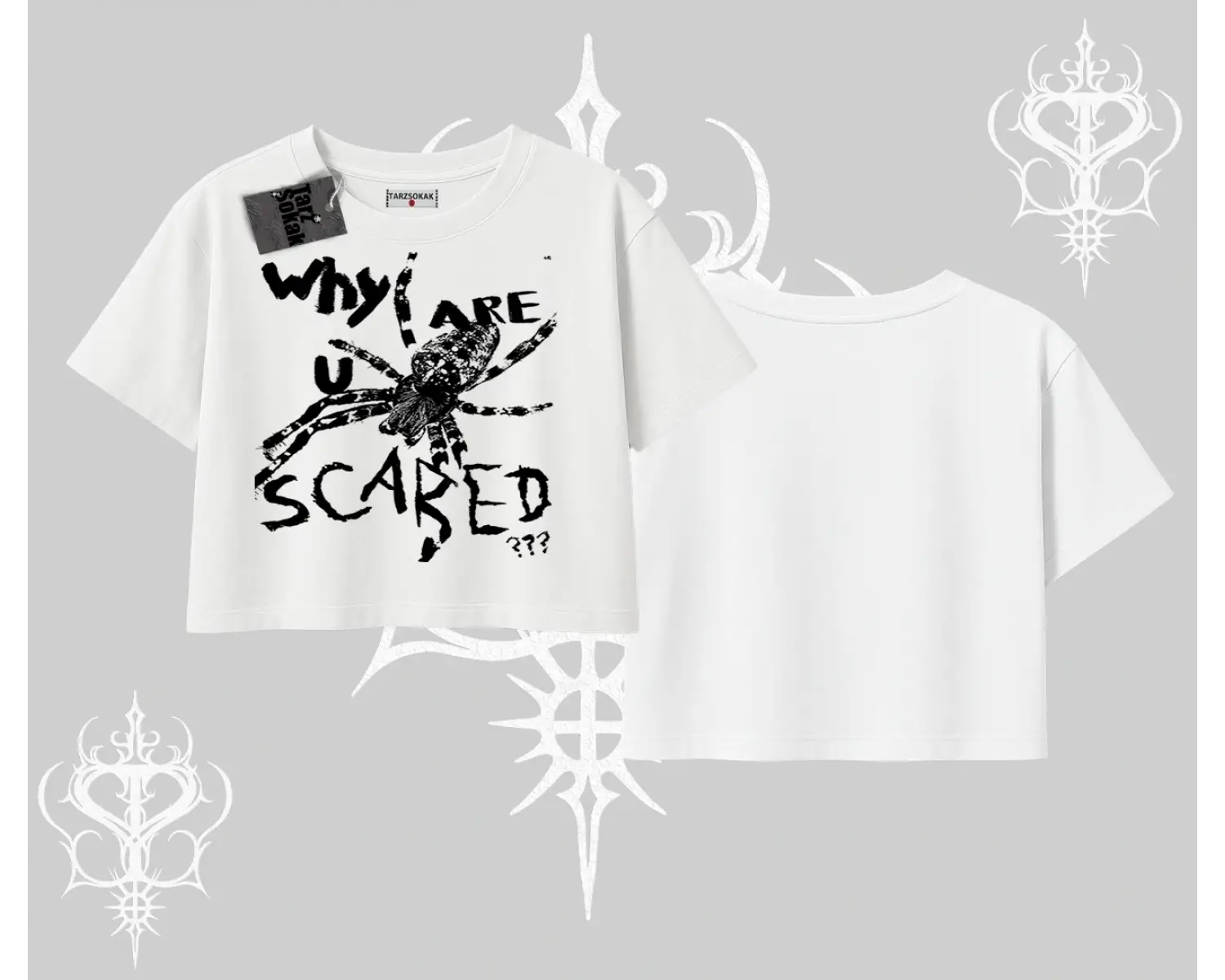 Beyaz Crop Tişört Why are u Scared