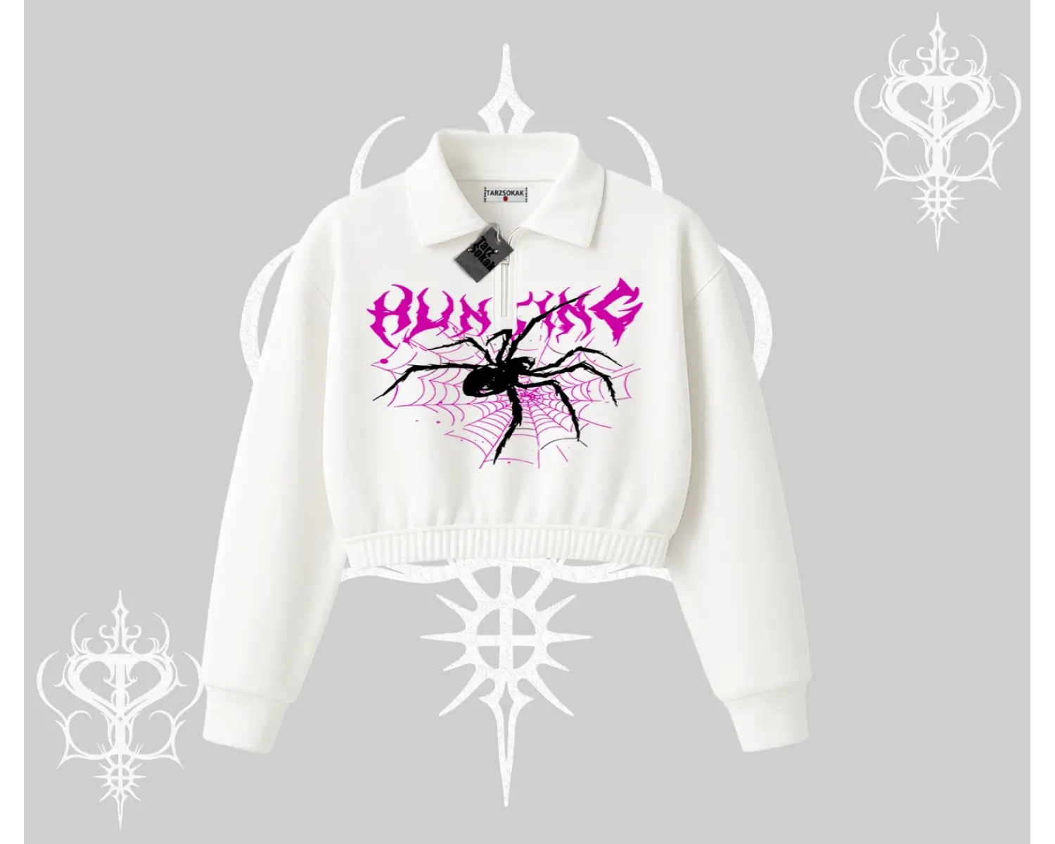 Beyaz Crop Yarım Fermuarlı Sweatshirt Autumn Spider