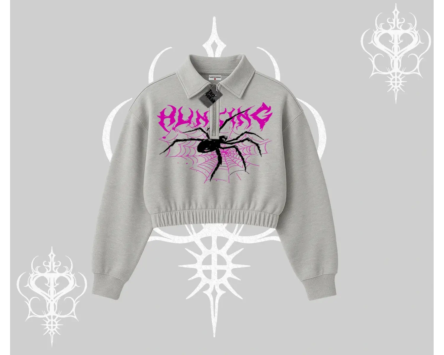 Beyaz Crop Yarım Fermuarlı Sweatshirt Autumn Spider