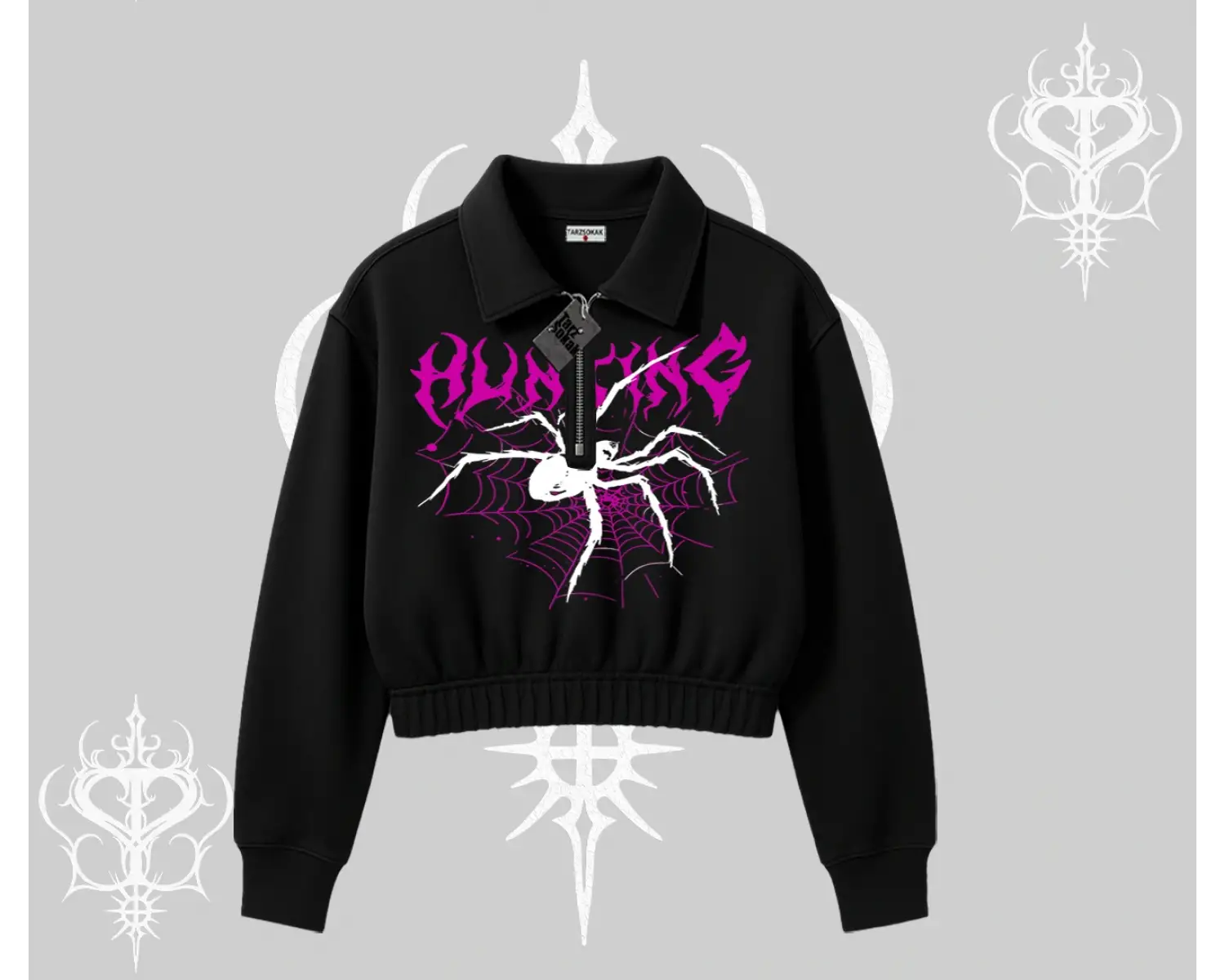 Beyaz Crop Yarım Fermuarlı Sweatshirt Autumn Spider