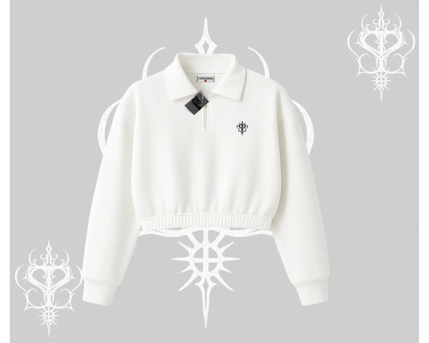 Beyaz Crop Yarım Fermuarlı Sweatshirt Özel logolu