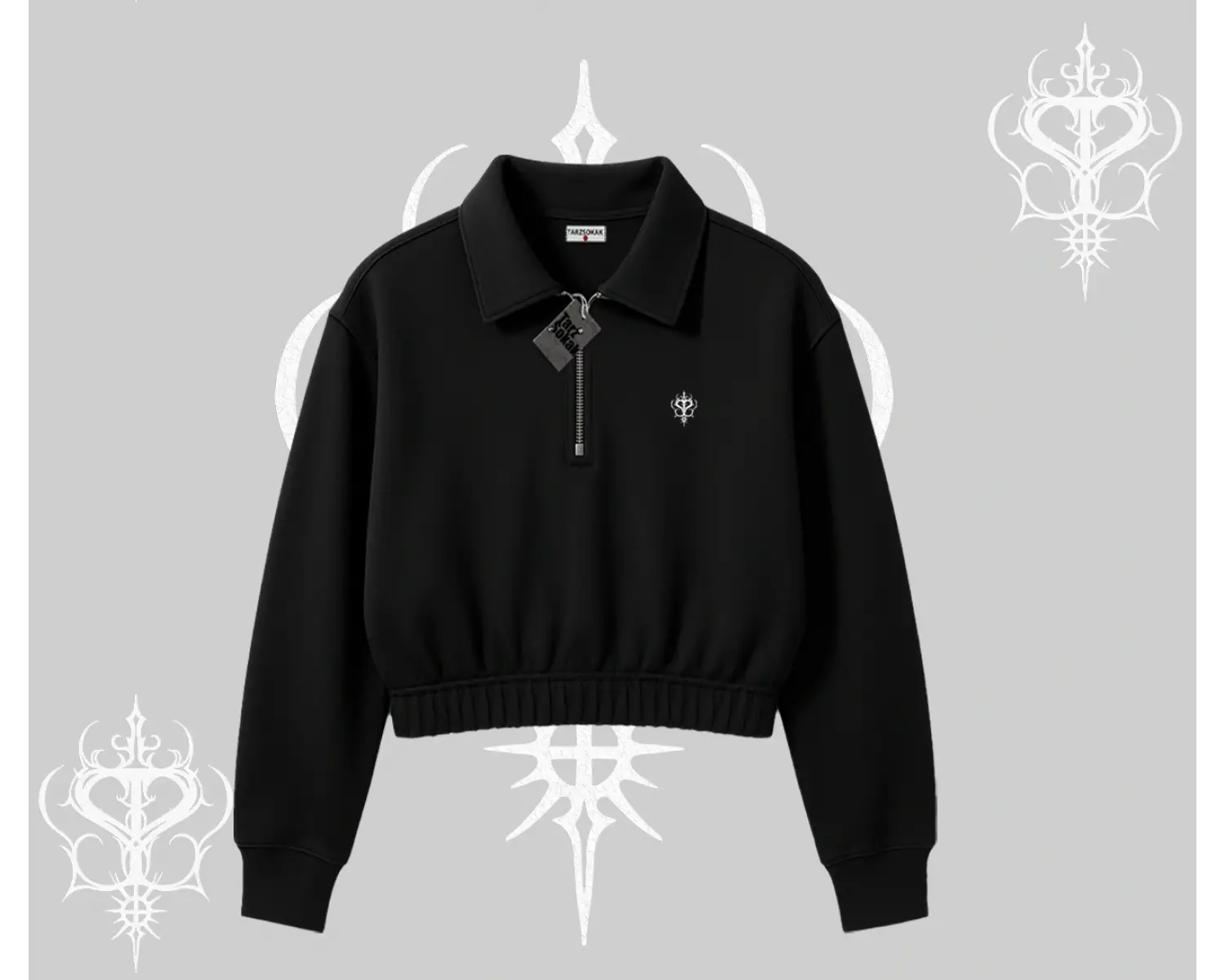 Beyaz Crop Yarım Fermuarlı Sweatshirt Özel logolu