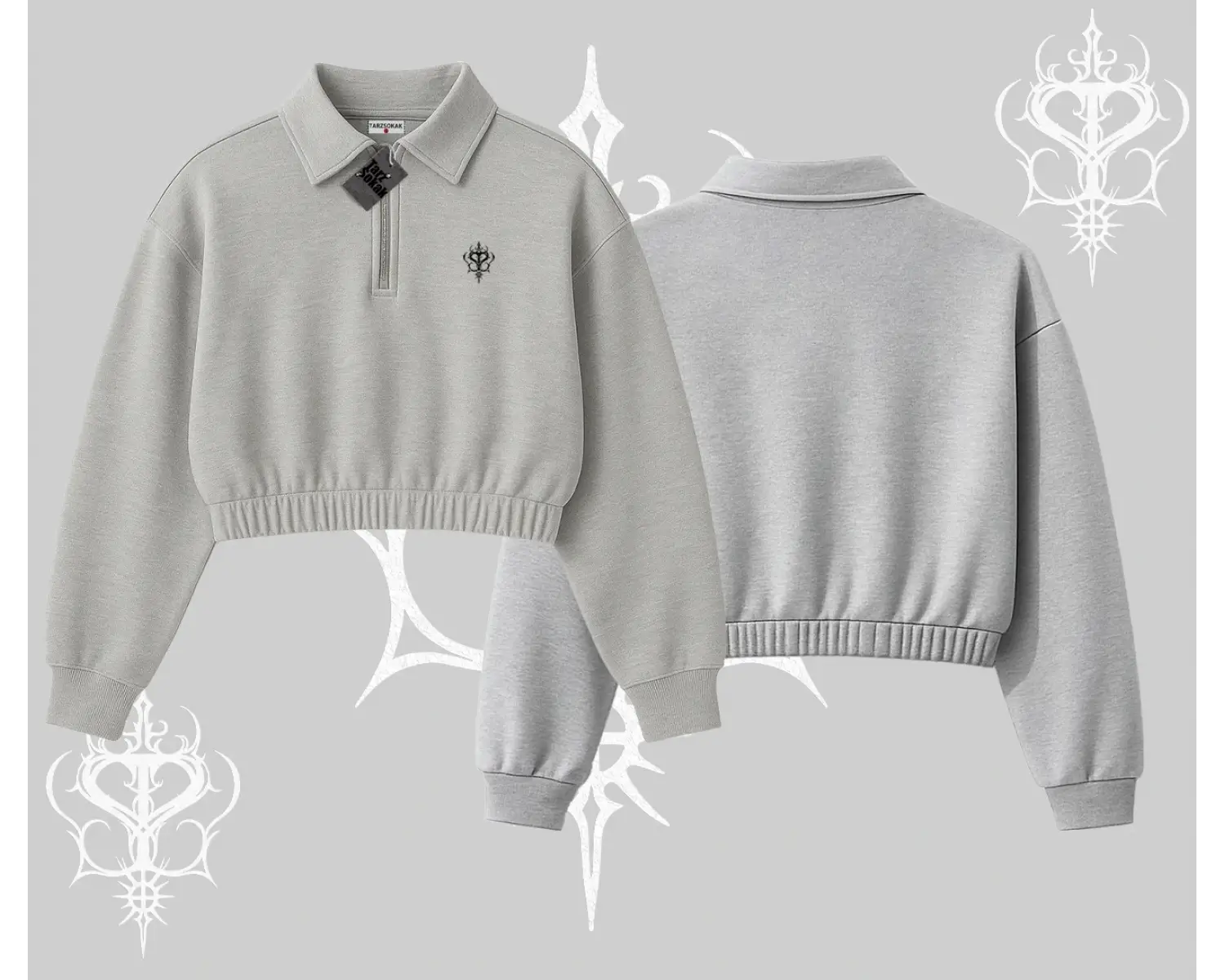 Beyaz Crop Yarım Fermuarlı Sweatshirt Özel logolu