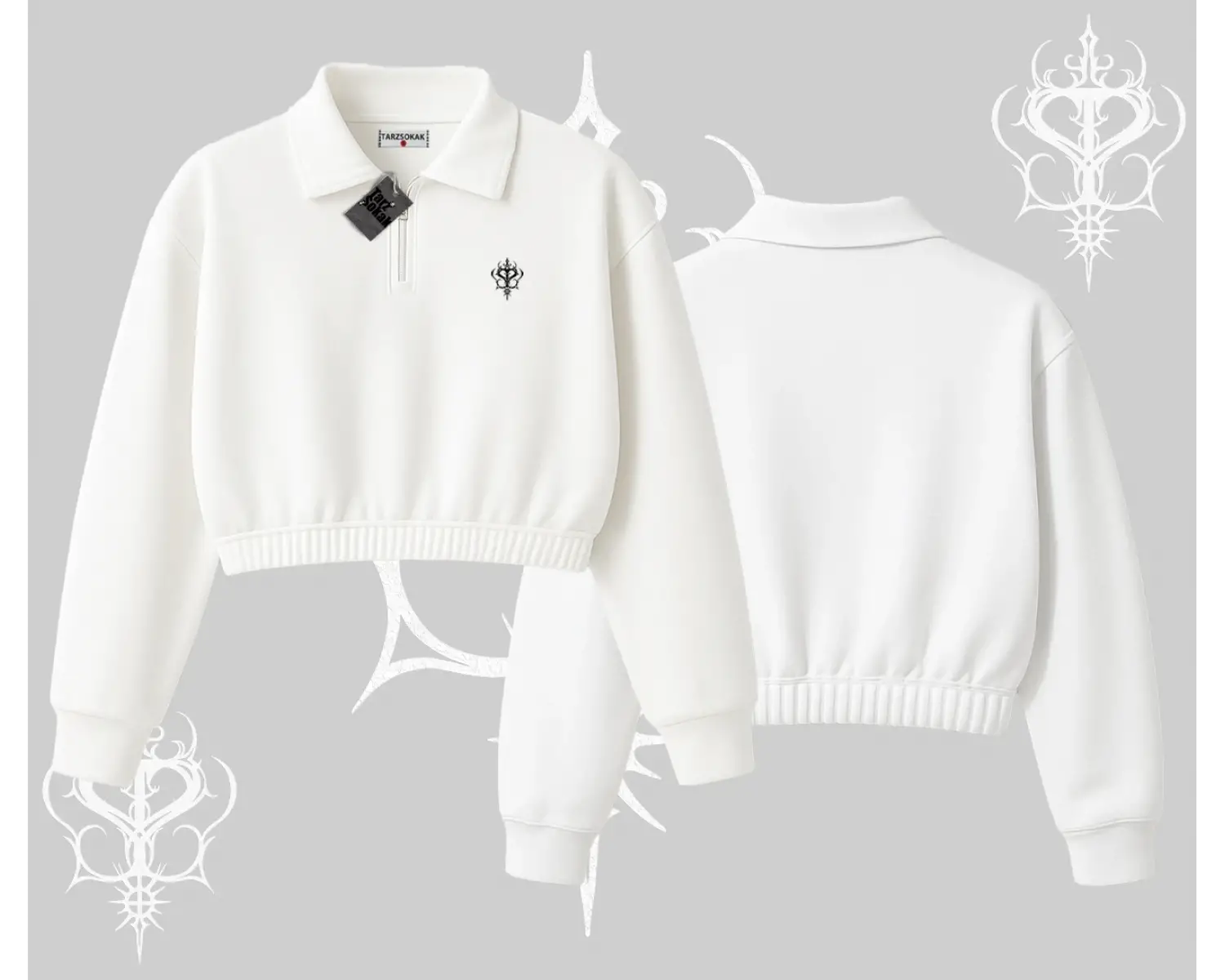 Beyaz Crop Yarım Fermuarlı Sweatshirt Özel logolu