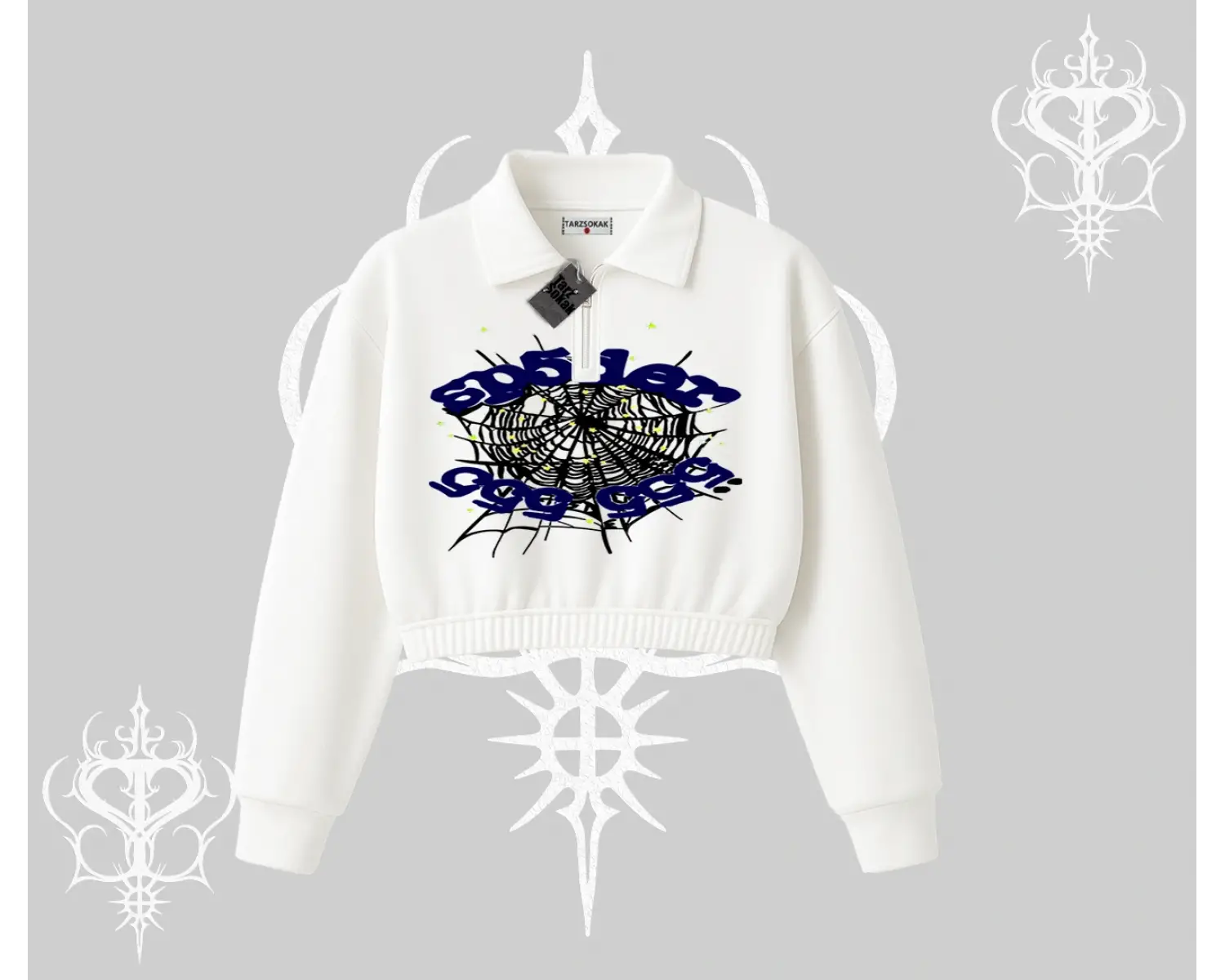 Beyaz Crop Yarım Fermuarlı Sweatshirt Sp55der