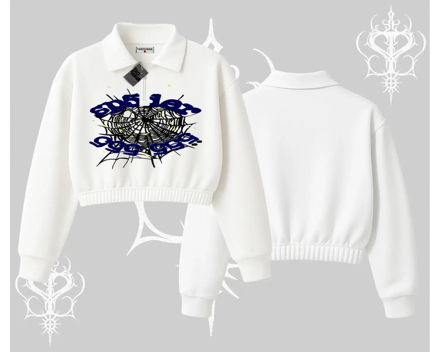 Beyaz Crop Yarım Fermuarlı Sweatshirt Sp55der