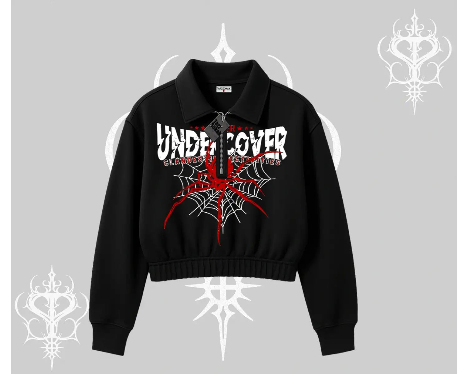 Beyaz Crop Yarım Fermuarlı Sweatshirt Spider Undercover