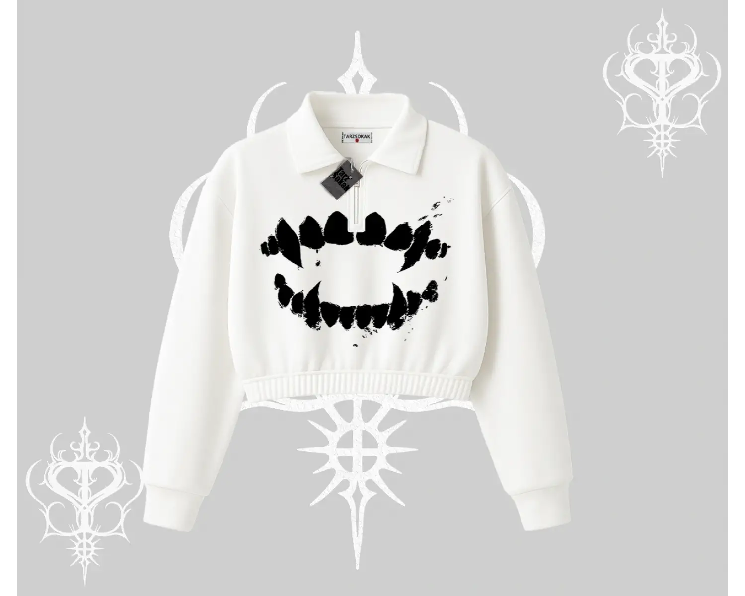 Beyaz Crop Yarım Fermuarlı Sweatshirt Vampir Dış