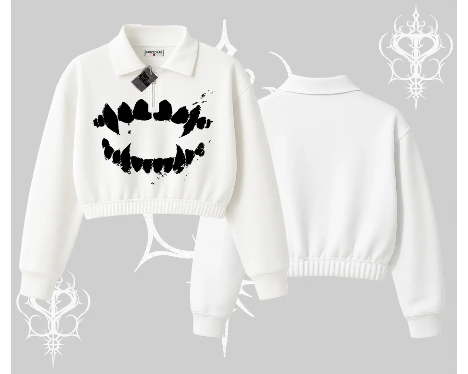 Beyaz Crop Yarım Fermuarlı Sweatshirt Vampir Dış