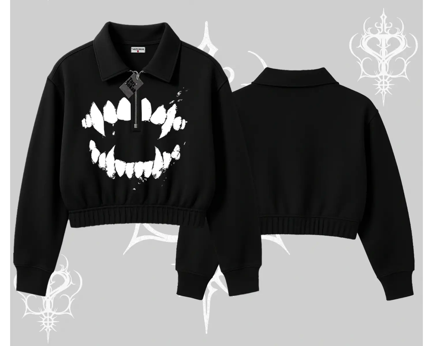 Beyaz Crop Yarım Fermuarlı Sweatshirt Vampir Dış