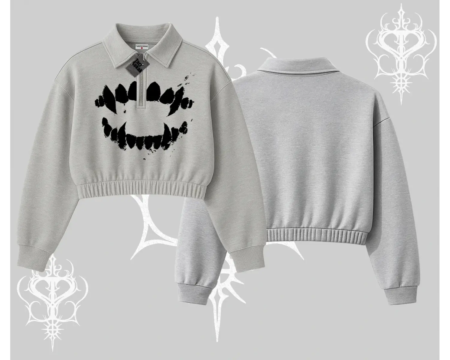 Beyaz Crop Yarım Fermuarlı Sweatshirt Vampir Dış