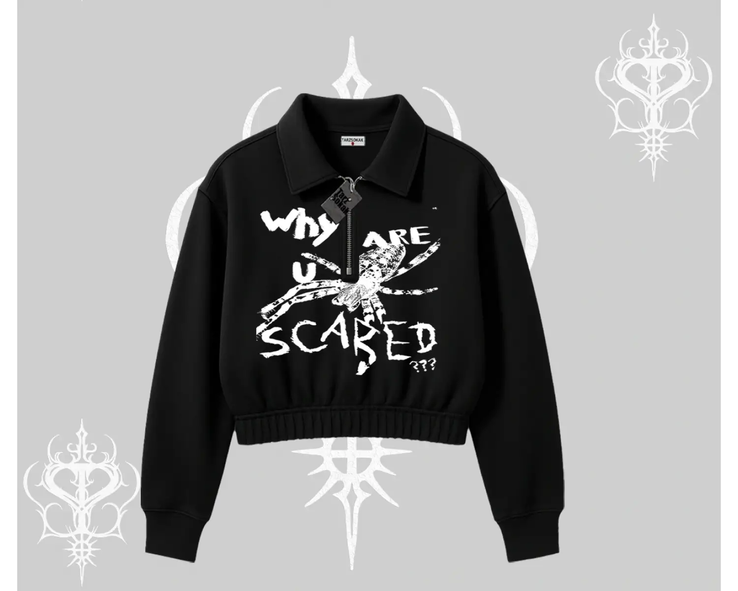 Beyaz Crop Yarım Fermuarlı Sweatshirt Why are u Scared
