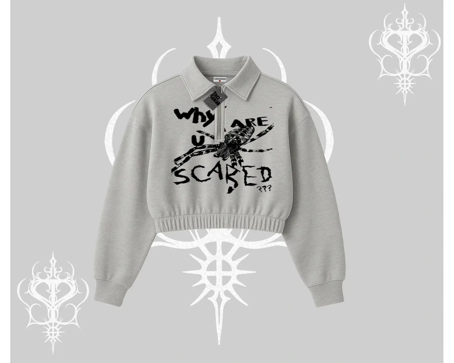 Beyaz Crop Yarım Fermuarlı Sweatshirt Why are u Scared