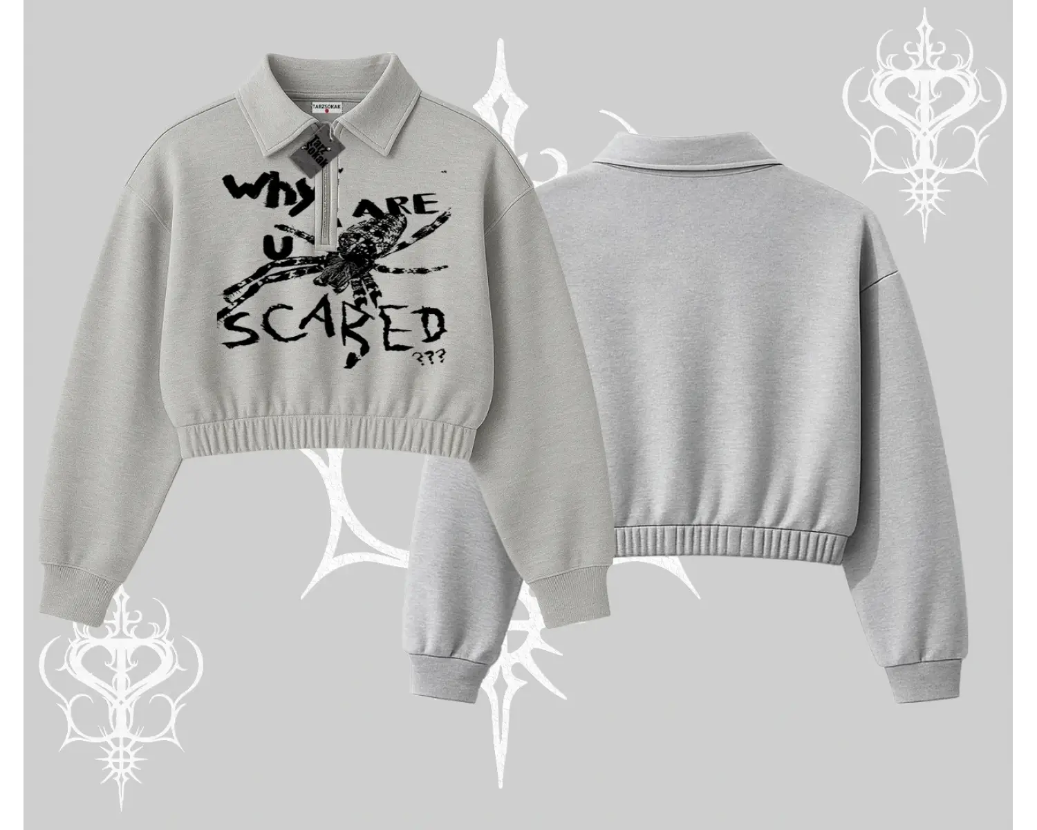Beyaz Crop Yarım Fermuarlı Sweatshirt Why are u Scared