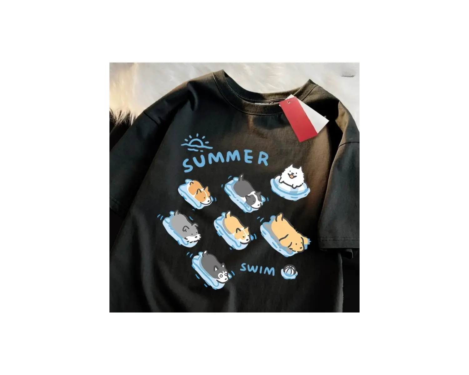 Beyaz Eğlenceli Kedi ve Köpek Yüzme Japon Tarzı ol ler Yaz Üstleri