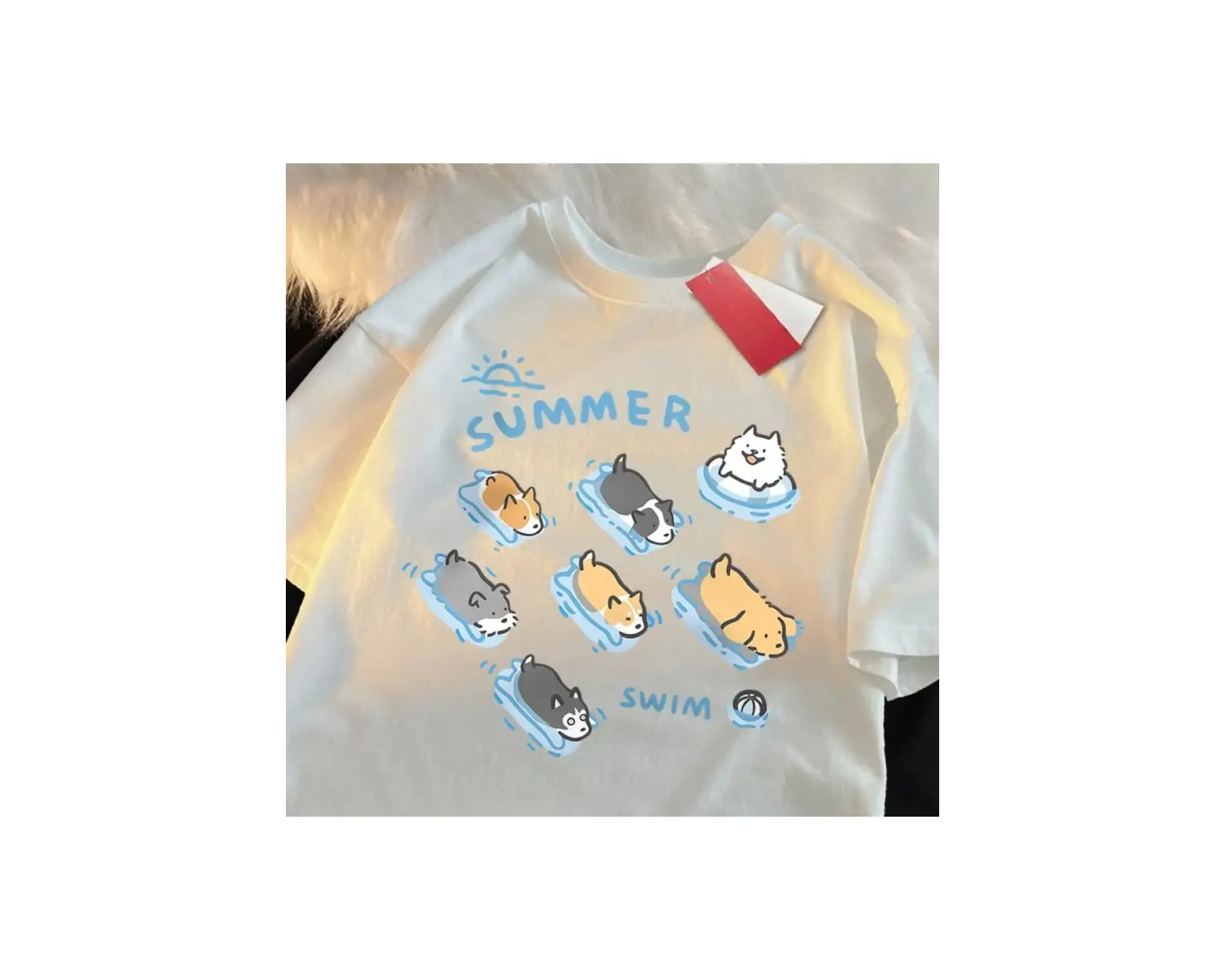 Beyaz Eğlenceli Kedi ve Köpek Yüzme Japon Tarzı ol ler Yaz Üstleri