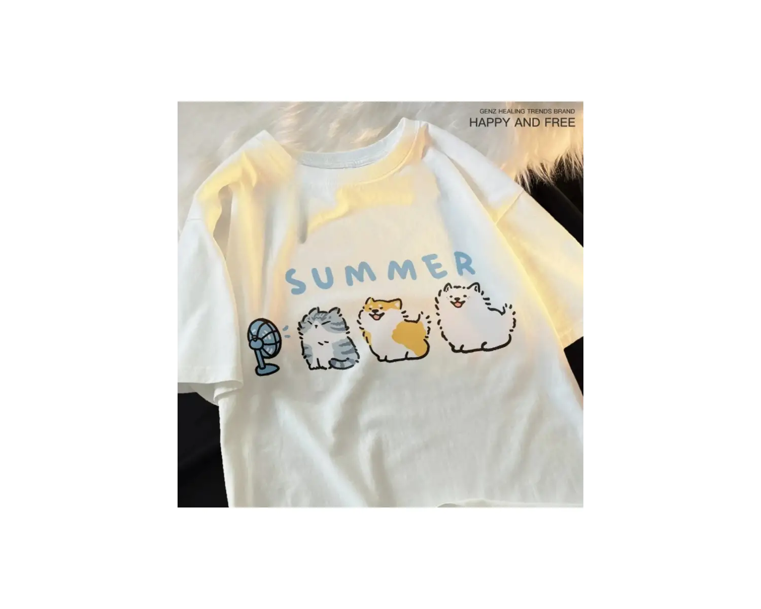 Beyaz Eğlenceli ve Sevimli Kedi ve Köpek Desen Gevşek Tshirt Vintage Üst FemaleT-Shir