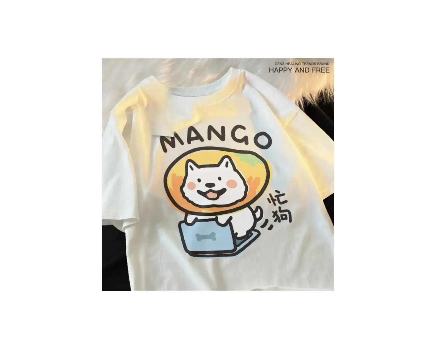 Beyaz Eğlenceli ve Sevimli Kedi ve Köpek Desen Gevşek Tshirt Vintage Üst FemaleT-Shir