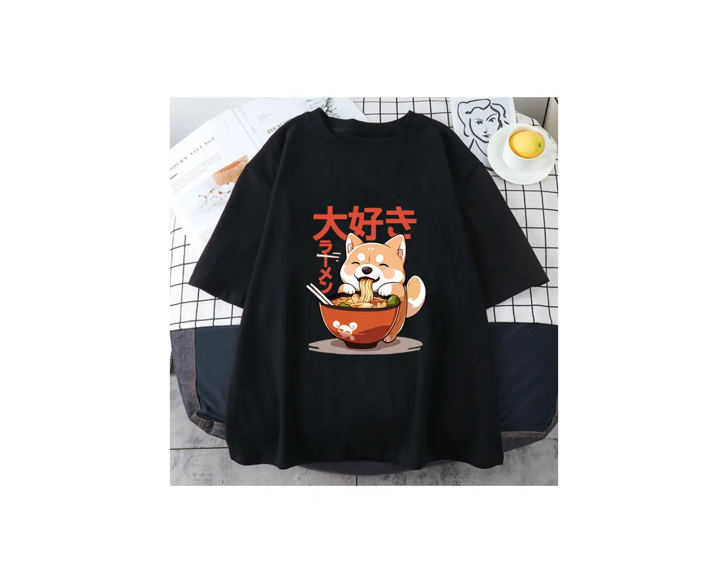 Beyaz Enjoying Inu zevk Ramen yaz -gömlek lar/e