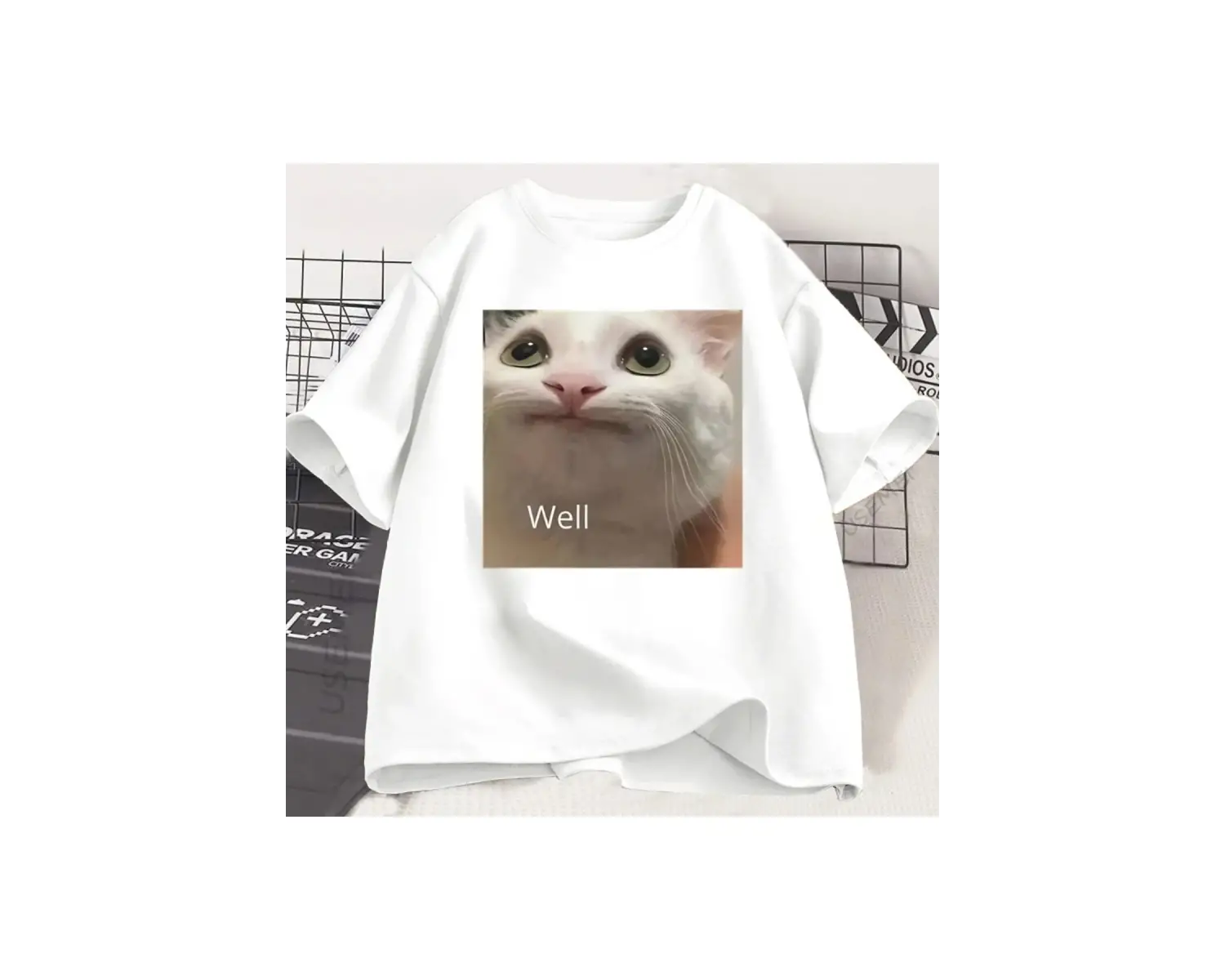 Beyaz Funny Cat Meme Graphic Tee for Cat Lovers Cute Humor Loose Short Sleeve Tee C