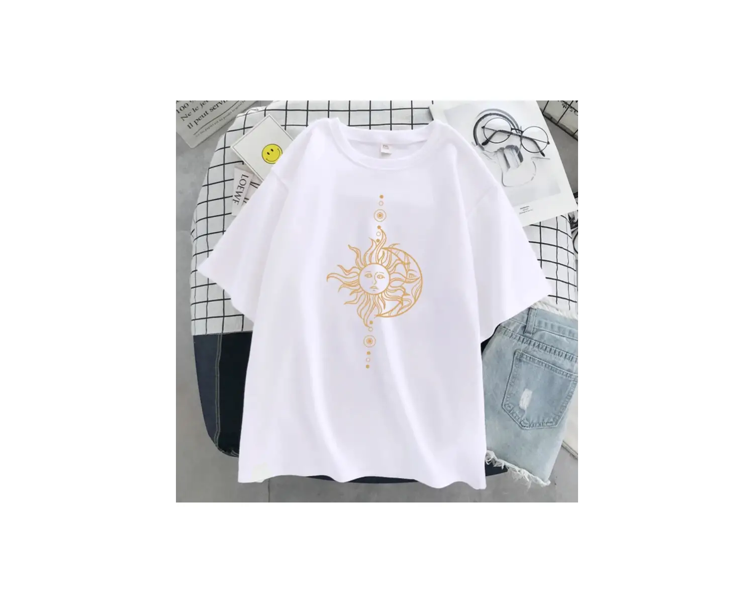 Beyaz FunnyS Güneş ve Ay Yüz Baskı Yaz hoş Hip Hop