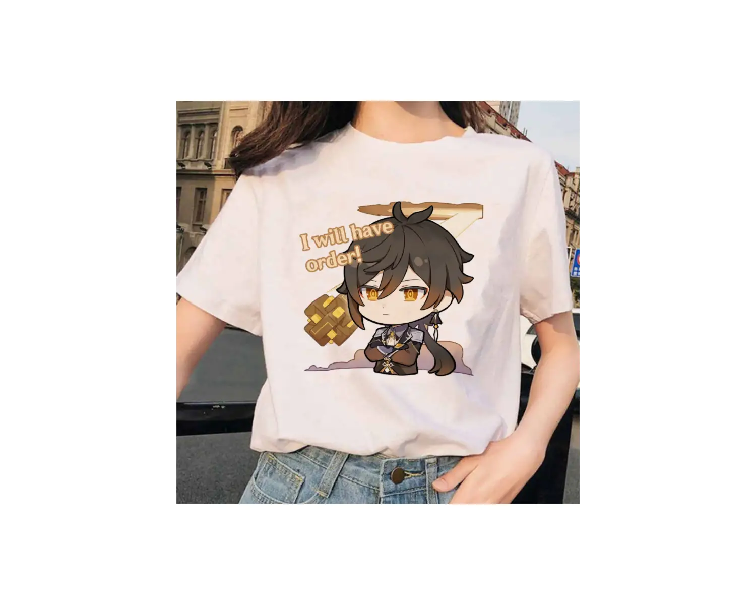 Beyaz Genshin Darbe Zhong Li Morax Tees Kısa Sleeve100 Yaz Karikatür Streetweed