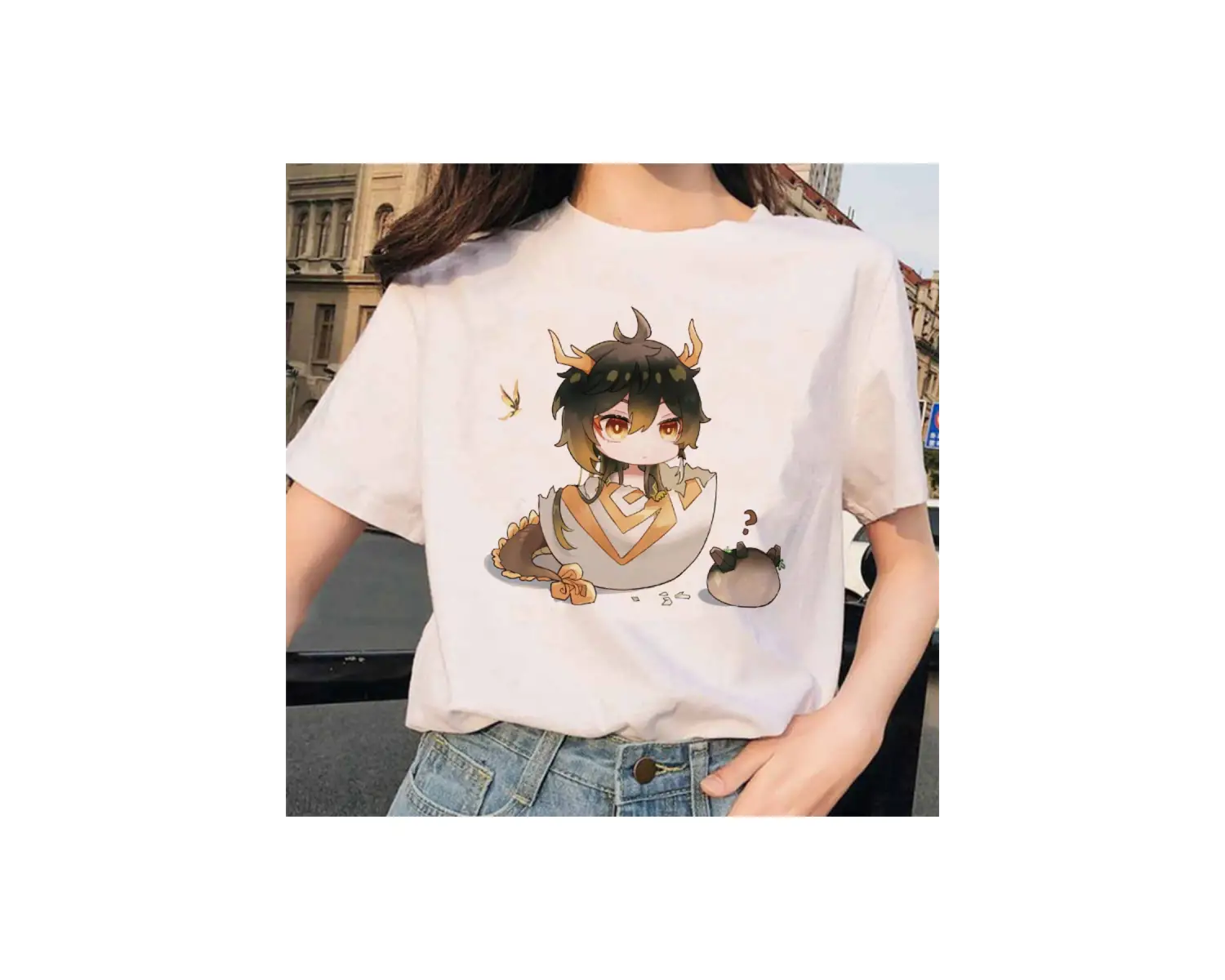 Beyaz Genshin Darbe Zhong Li Morax Tees Kısa Sleeve100 Yaz Karikatür Streetweed