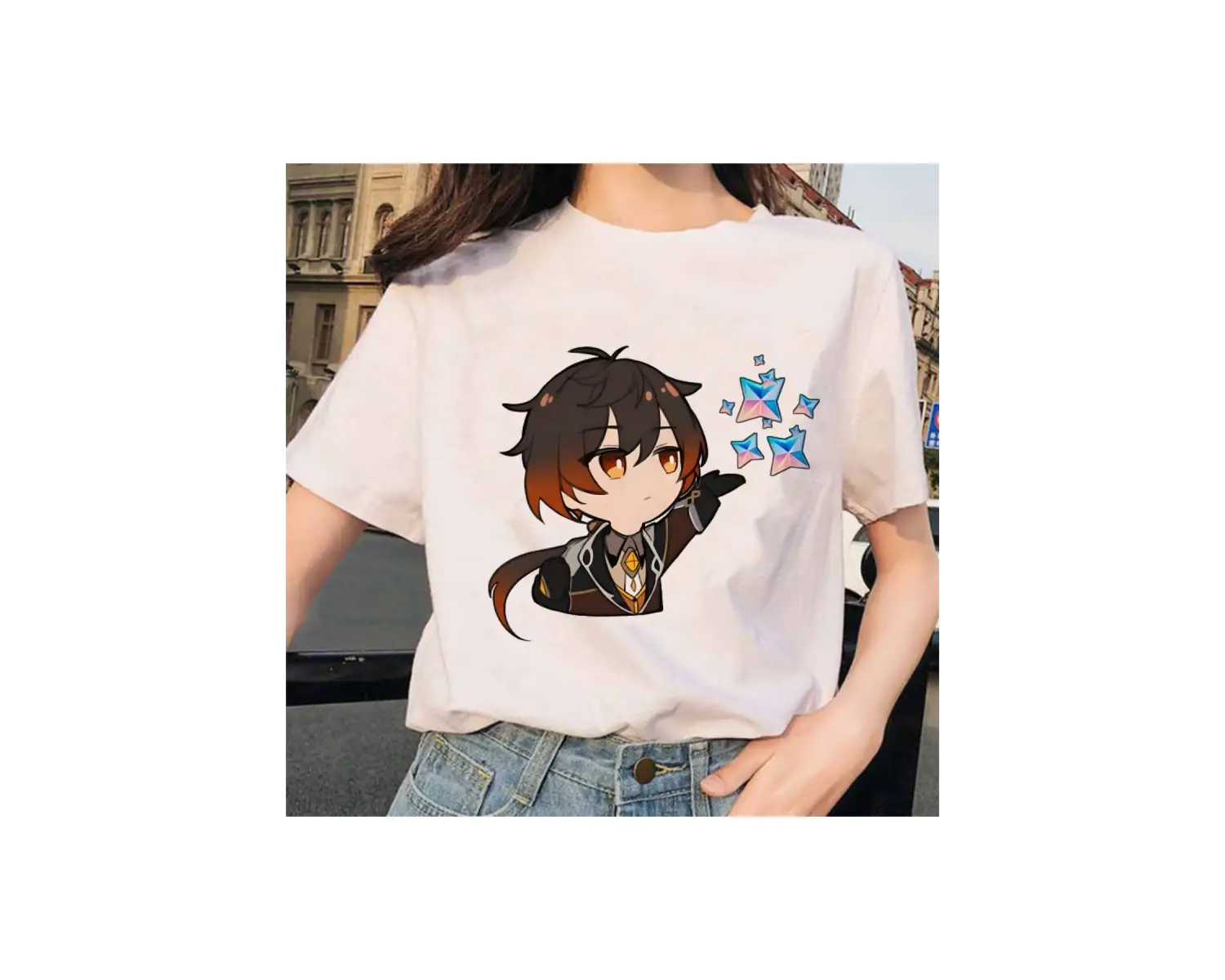 Beyaz Genshin Darbe Zhong Li Morax Tees Kısa Sleeve100 Yaz Karikatür Streetweed