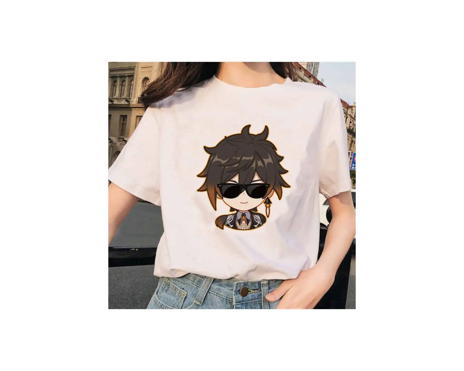 Beyaz Genshin Darbe Zhong Li Morax Tees Kısa Sleeve100 Yaz Karikatür Streetweed