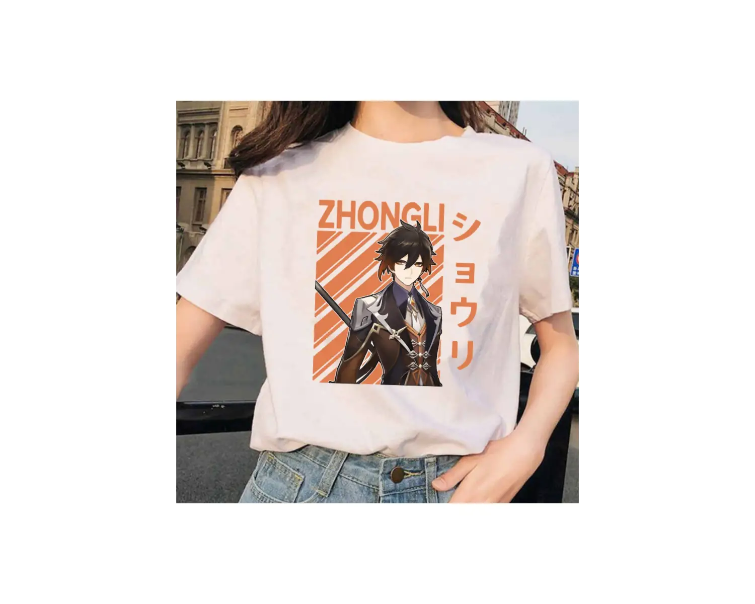 Beyaz Genshin Darbe Zhong Li Morax Tees Kısa Sleeve100 Yaz Karikatür Streetweed