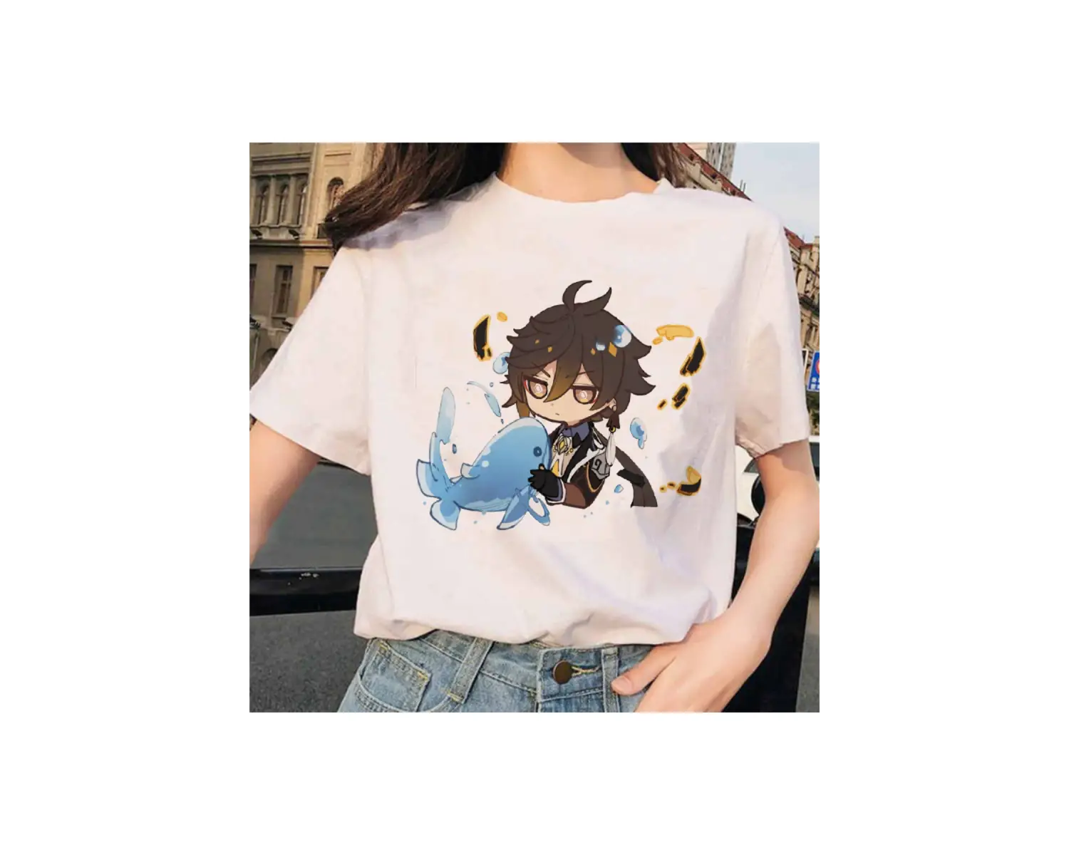 Beyaz Genshin Darbe Zhong Li Morax Tees Kısa Sleeve100 Yaz Karikatür Streetweed