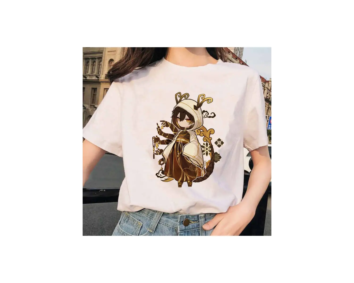 Beyaz Genshin Darbe Zhong Li Morax Tees Kısa Sleeve100 Yaz Karikatür Streetweed