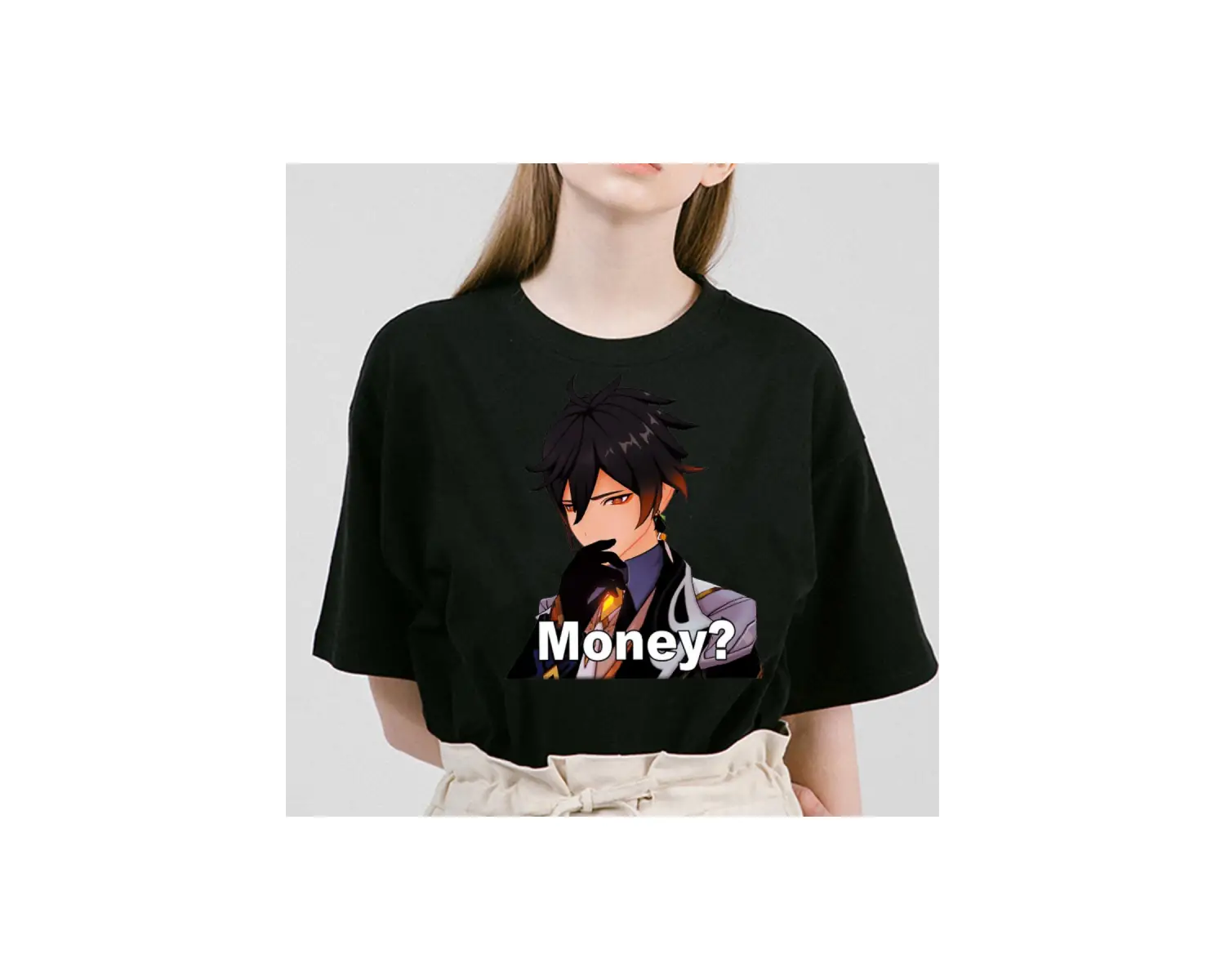 Beyaz Genshin Darbe Zhong Li Morax Tees Kısa Sleeve100 Yaz Karikatür Streetweed