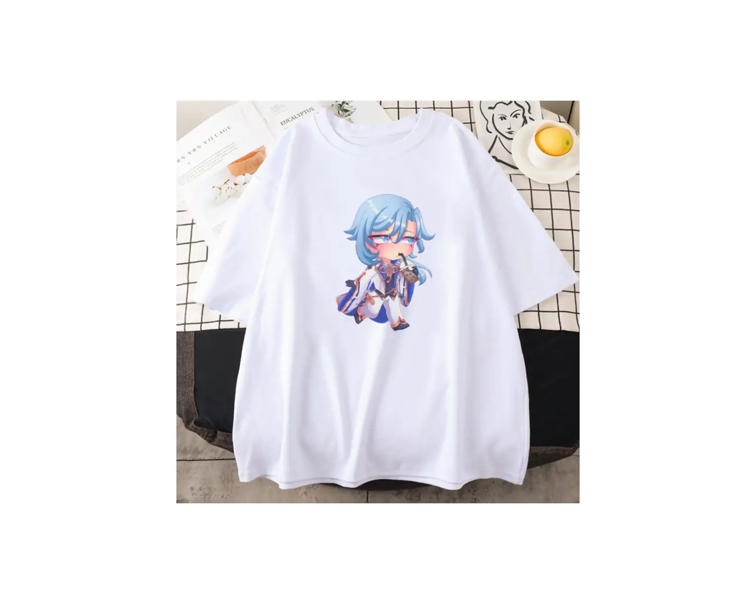 Beyaz Genshin Etki Kamisato Ayato ve Ayakas Anime Baskı Tees ilkbahar Ya