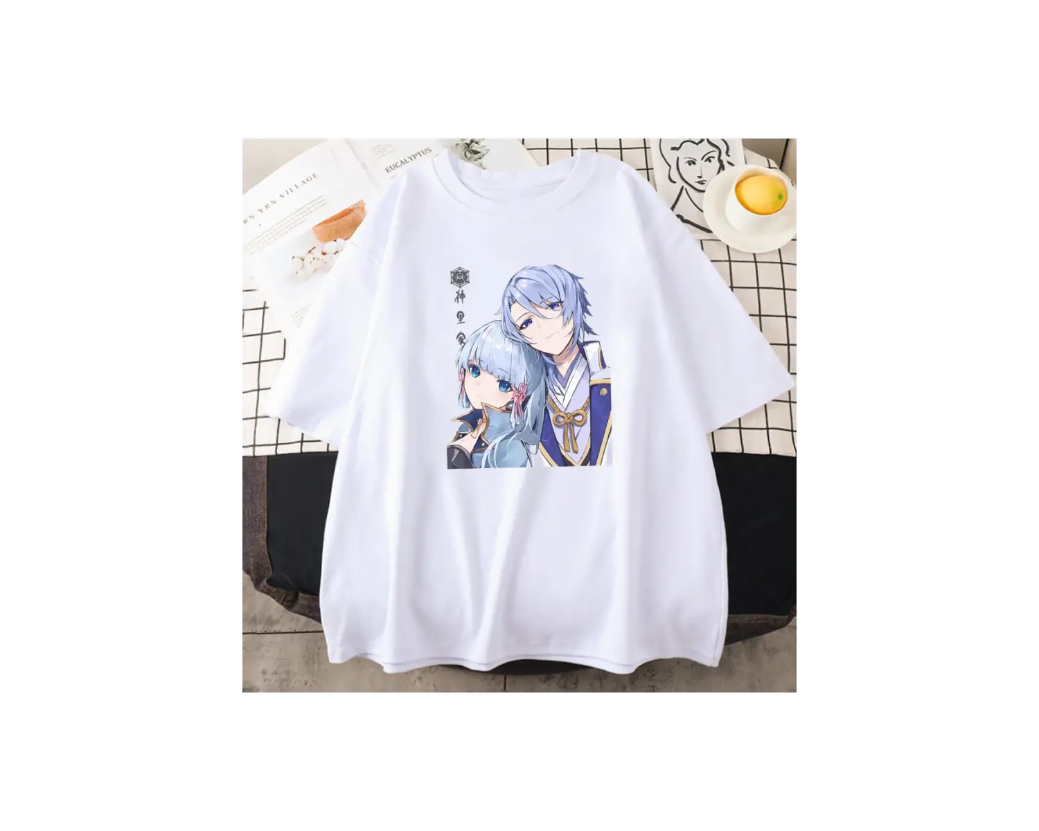 Beyaz Genshin Etki Kamisato Ayato ve Ayakas Anime Baskı Tees ilkbahar Ya