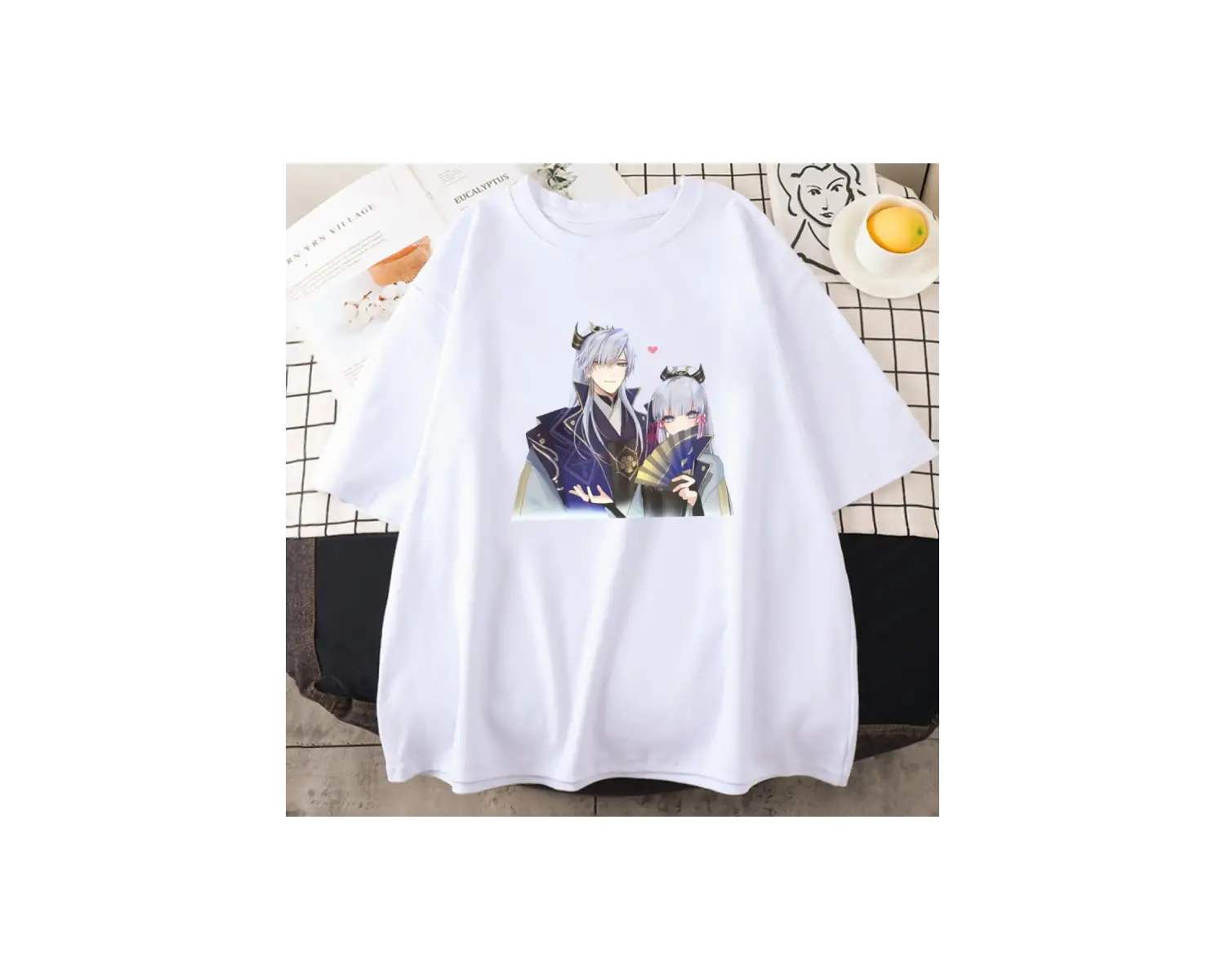 Beyaz Genshin Etki Kamisato Ayato ve Ayakas Anime Baskı Tees ilkbahar Ya