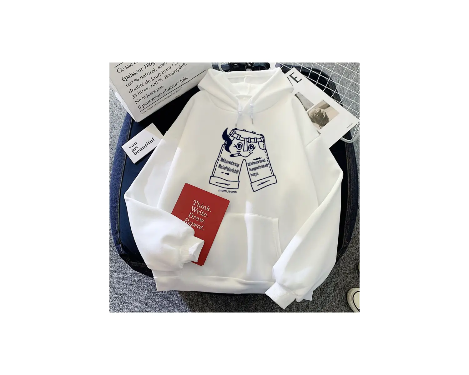 Beyaz Graphic Clothes for Winter Rock Band Mom Jeans Hoodies Fashion Funny Printing Cartoon